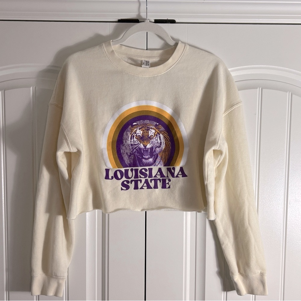 LSU Cream Sweatshirt with Purple and Gold Design